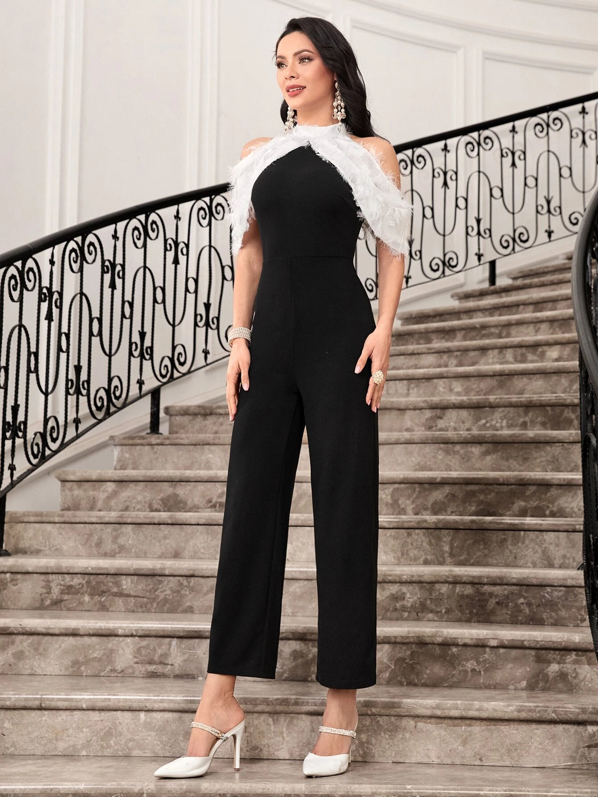 Fringe Trim Foldover Cold Shoulder Jumpsuit Without Belt