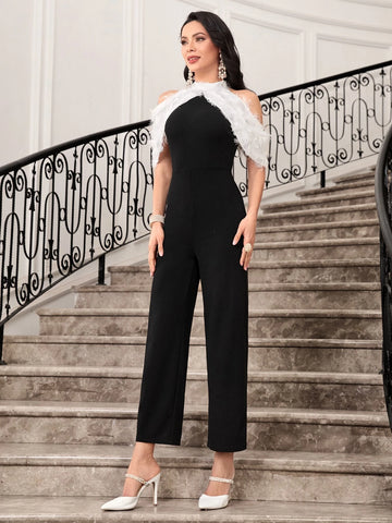 Fringe Trim Foldover Cold Shoulder Jumpsuit Without Belt