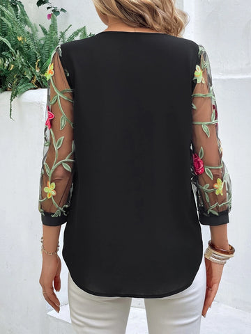 EMERY ROSE Floral Embroidery Mesh Sleeve Blouse