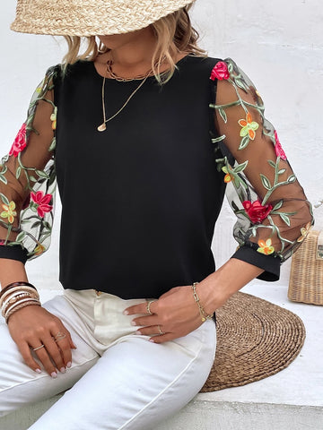 EMERY ROSE Floral Embroidery Mesh Sleeve Blouse