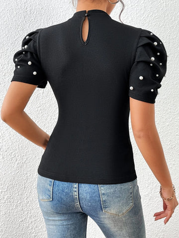 Unity Pearls Beaded Puff Sleeve Mock Neck Tee