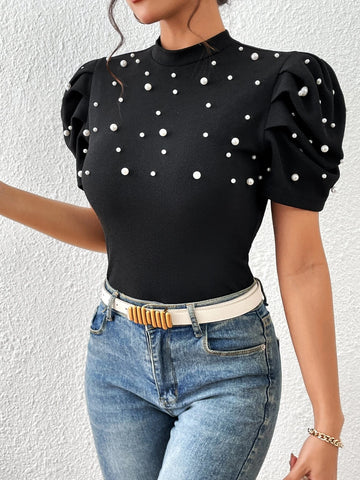 Unity Pearls Beaded Puff Sleeve Mock Neck Tee