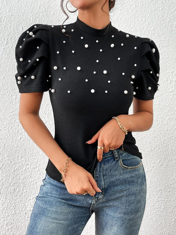 Unity Pearls Beaded Puff Sleeve Mock Neck Tee