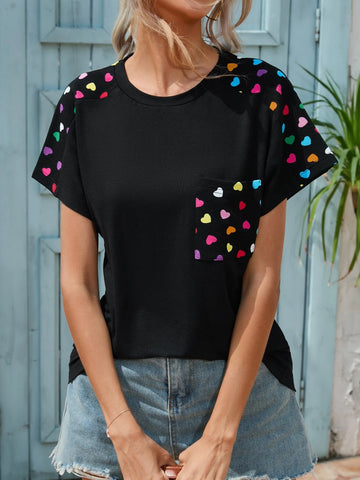 EMERY ROSE Heart Print Pocket Patched Tee