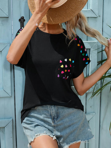 EMERY ROSE Heart Print Pocket Patched Tee