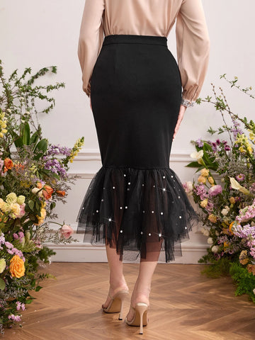 Modely Pearls Beaded Mesh Mermaid Hem Skirt