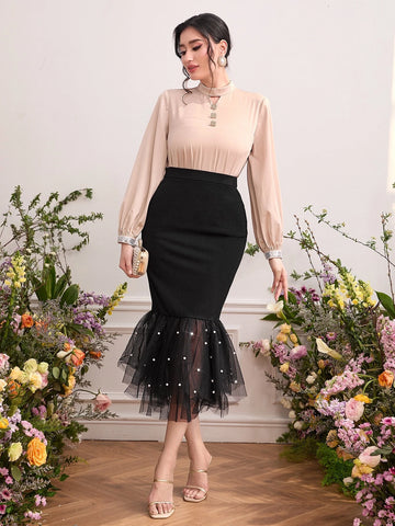 Modely Pearls Beaded Mesh Mermaid Hem Skirt