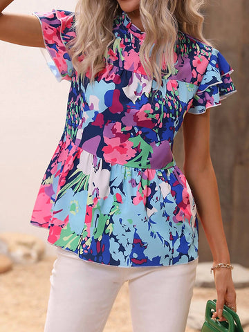 Floral Print Butterfly Sleeve Peplum Blouse