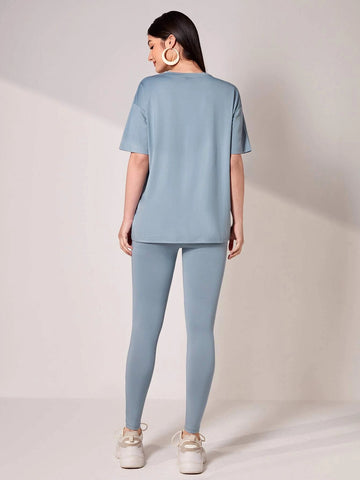 Solid Drop Shoulder Tee & Letter Patched Detail Leggings