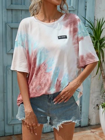 EMERY ROSE Tie Dye Letter Patched Detail Drop Shoulder Tee