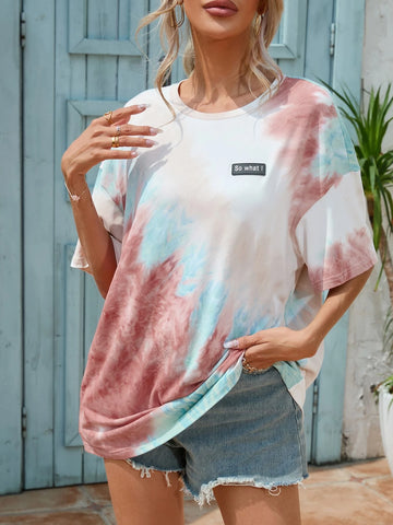 EMERY ROSE Tie Dye Letter Patched Detail Drop Shoulder Tee