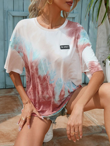 EMERY ROSE Tie Dye Letter Patched Detail Drop Shoulder Tee
