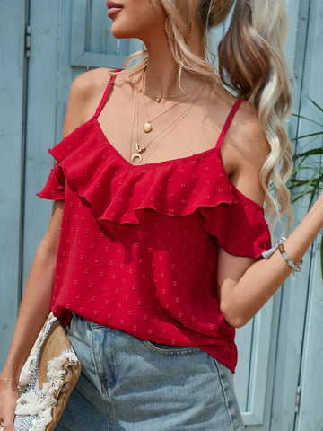 EMERY ROSE Swiss Dot Cold Shoulder Ruffle Trim Blouse