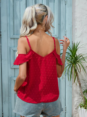 EMERY ROSE Swiss Dot Cold Shoulder Ruffle Trim Blouse