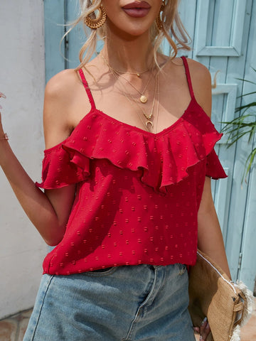 EMERY ROSE Swiss Dot Cold Shoulder Ruffle Trim Blouse