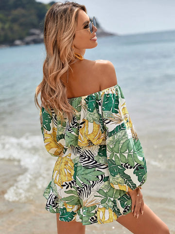 Tropical Print Off Shoulder Lantern Sleeve Top & Shorts