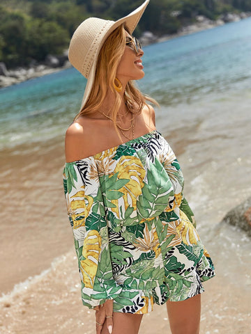 Tropical Print Off Shoulder Lantern Sleeve Top & Shorts