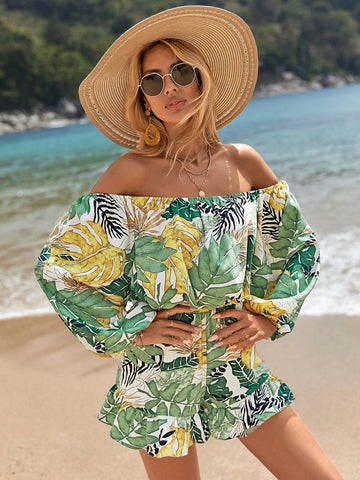 Tropical Print Off Shoulder Lantern Sleeve Top & Shorts