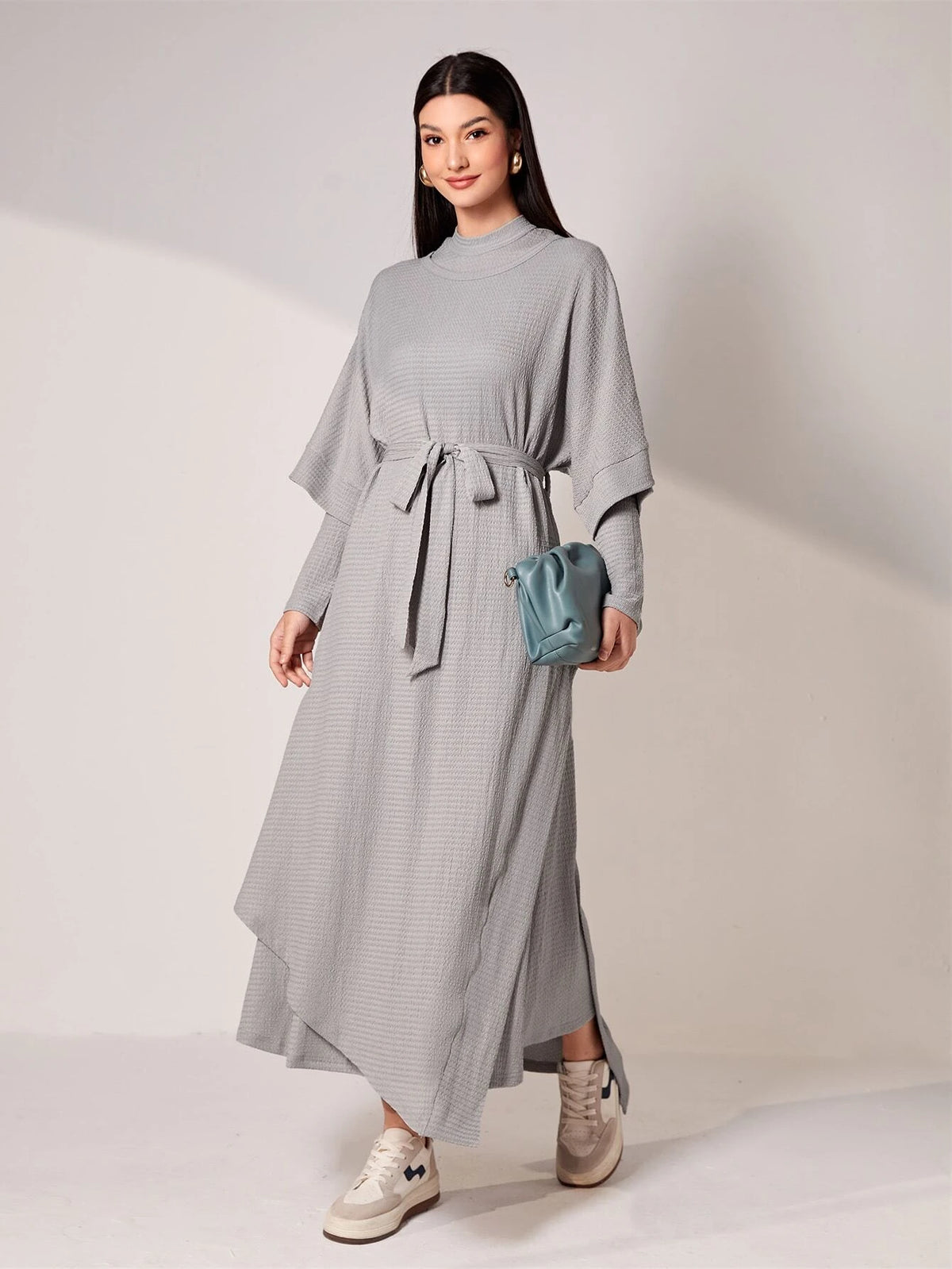Solid Batwing Sleeve Belted Dress & Mock Neck Dress