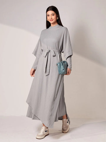 Solid Batwing Sleeve Belted Dress & Mock Neck Dress