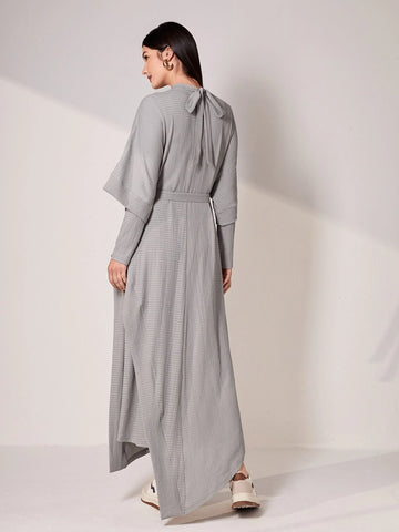 Solid Batwing Sleeve Belted Dress & Mock Neck Dress
