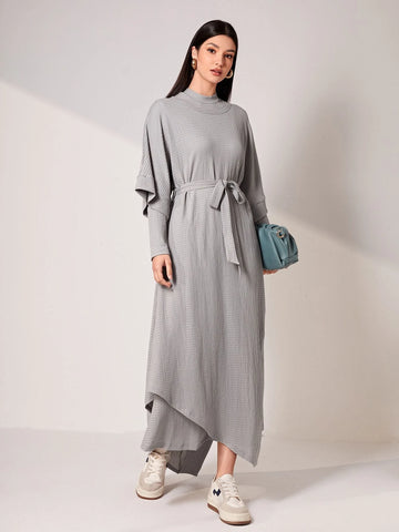 Solid Batwing Sleeve Belted Dress & Mock Neck Dress