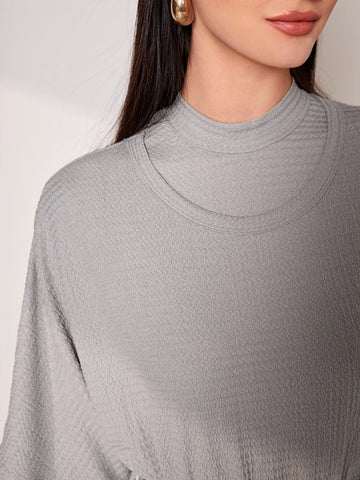 Solid Batwing Sleeve Belted Dress & Mock Neck Dress