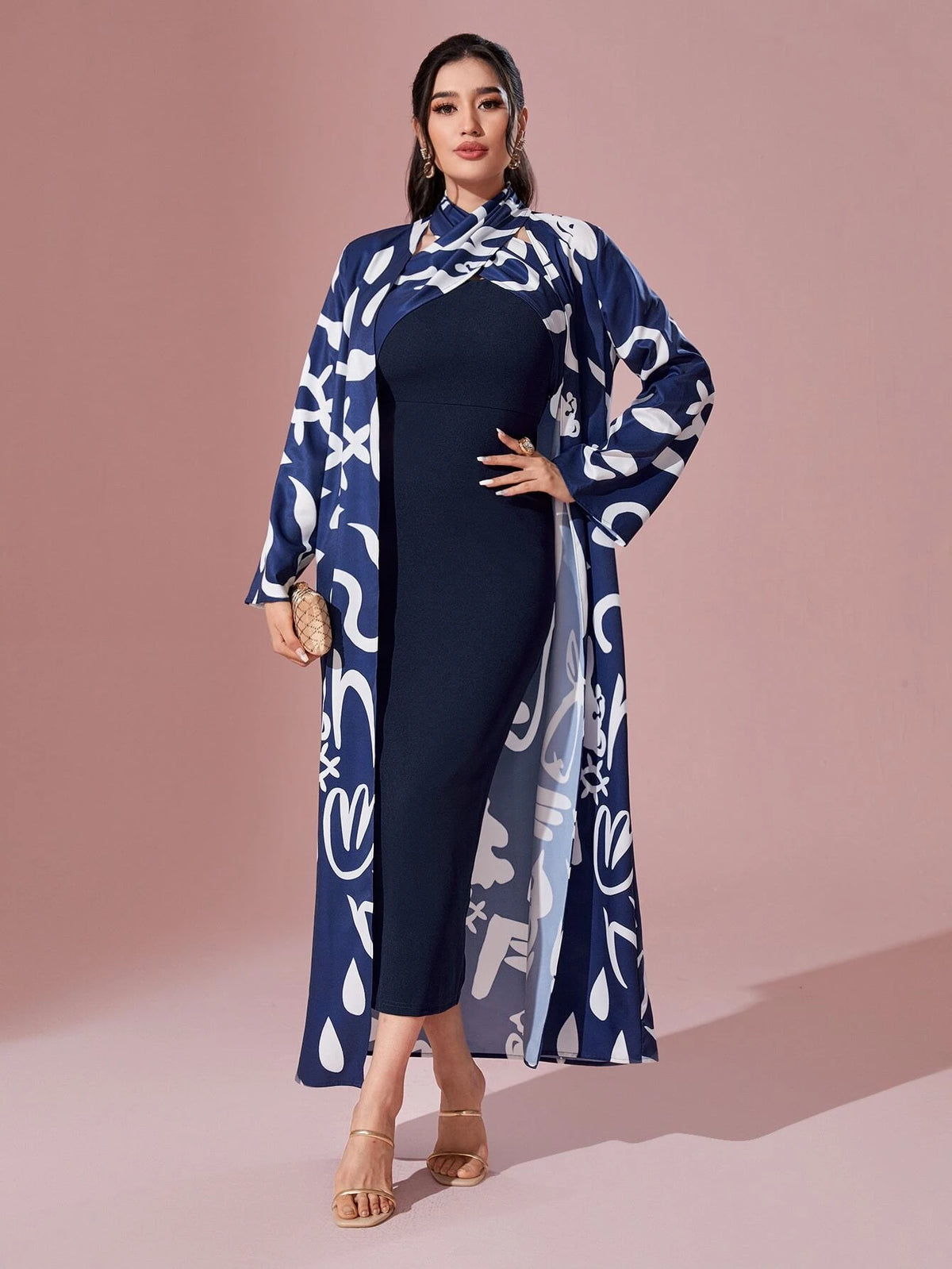 Graphic Print Open Front Coat & Bodycon Dress
