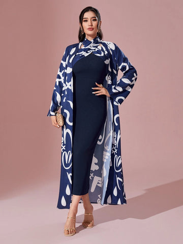 Graphic Print Open Front Coat & Bodycon Dress