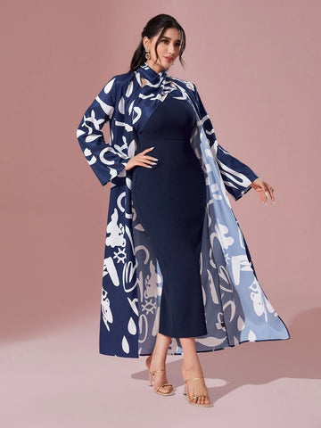 Graphic Print Open Front Coat & Bodycon Dress
