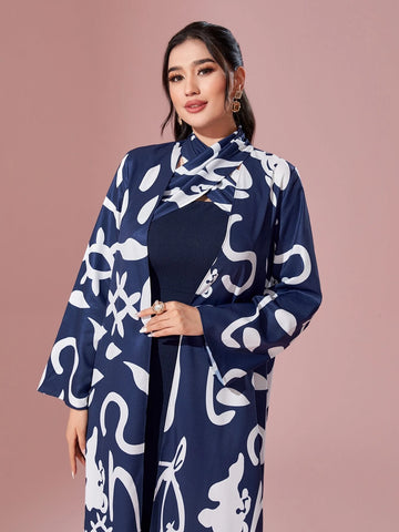 Graphic Print Open Front Coat & Bodycon Dress