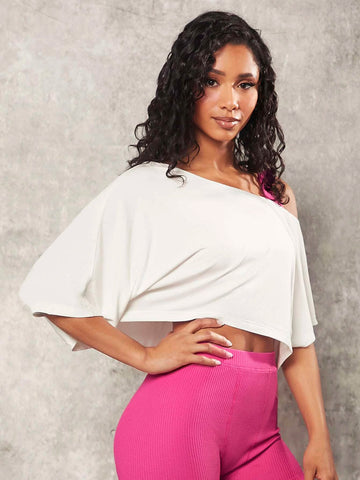 Solid Asymmetrical Neck Crop Tee Without Bra