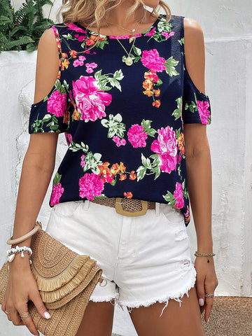 EMERY ROSE Floral Print Criss Cross Back Cold Shoulder Tee