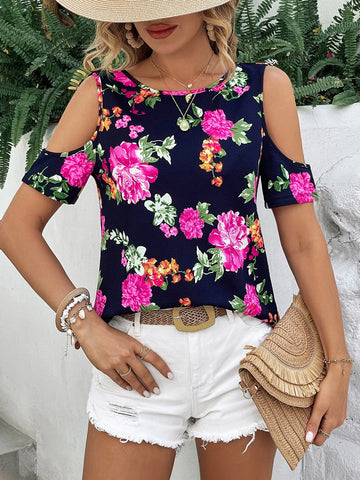 EMERY ROSE Floral Print Criss Cross Back Cold Shoulder Tee