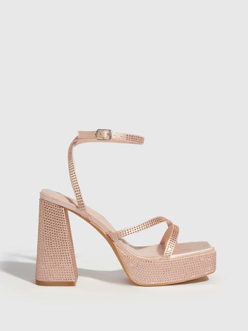 CUCCOO Baddie Collection Rhinestone Decor Platform Chunky Heeled Ankle Strap Sandals