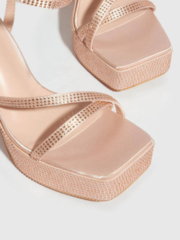 CUCCOO Baddie Collection Rhinestone Decor Platform Chunky Heeled Ankle Strap Sandals