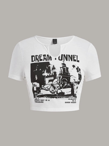 EZwear Butterfly & Letter Graphic Notched Neck Crop Tee