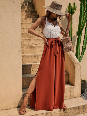 Contrast Lace Split Thigh Belted Cami Jumpsuit