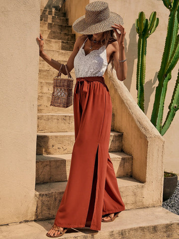 Contrast Lace Split Thigh Belted Cami Jumpsuit