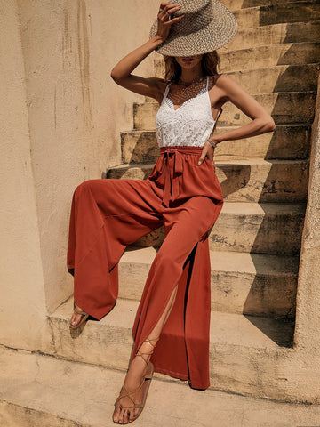 Contrast Lace Split Thigh Belted Cami Jumpsuit