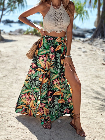 VCAY Tropical Print Split Thigh Skirt