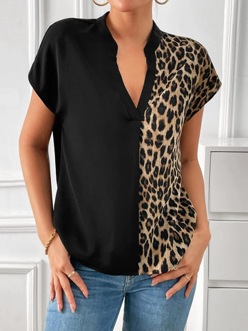 Leopard Print Notched Neck Batwing Sleeve Blouse