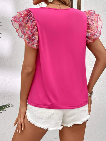 EMERY ROSE Floral Print Contrast Mesh Butterfly Sleeve Tee