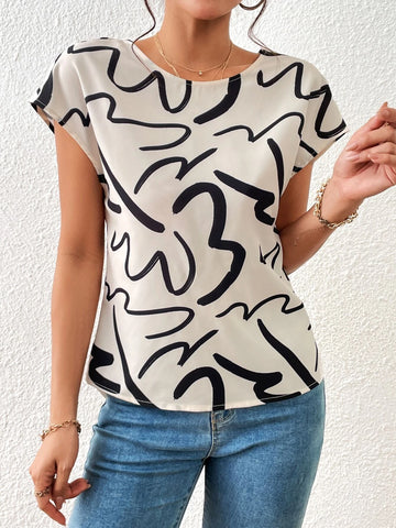 Unity Graphic Print Twist Back Cut Out Batwing Sleeve Blouse