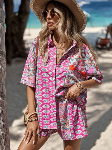 Allover Print Drop Shoulder Shirt & Shorts