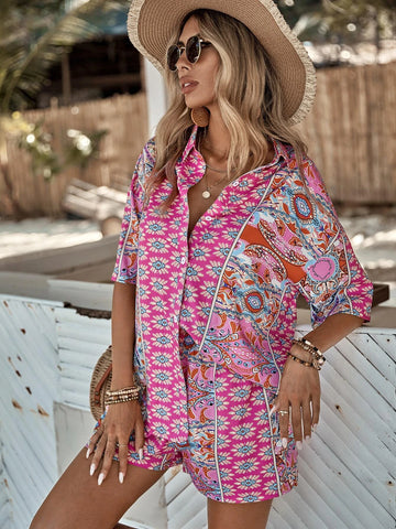 Allover Print Drop Shoulder Shirt & Shorts