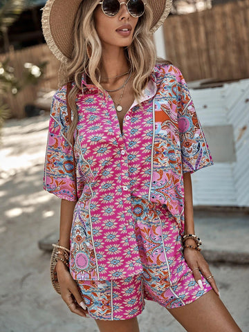 Allover Print Drop Shoulder Shirt & Shorts