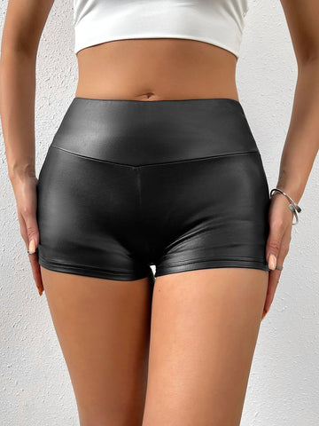 SXY Wideband Waist PU Biker Shorts