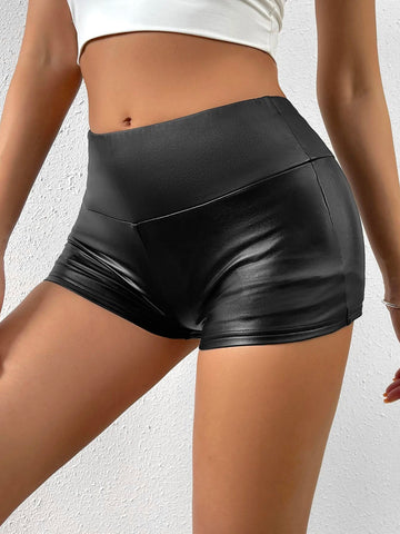 SXY Wideband Waist PU Biker Shorts