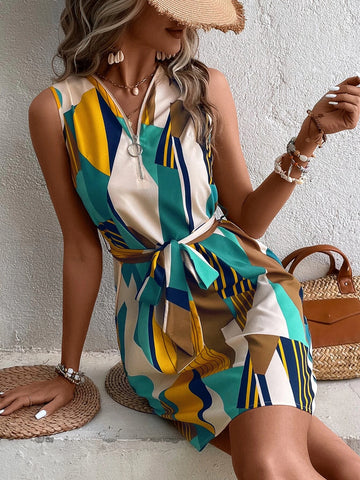 EMERY ROSE Geo Print Belted Half Zip Dress